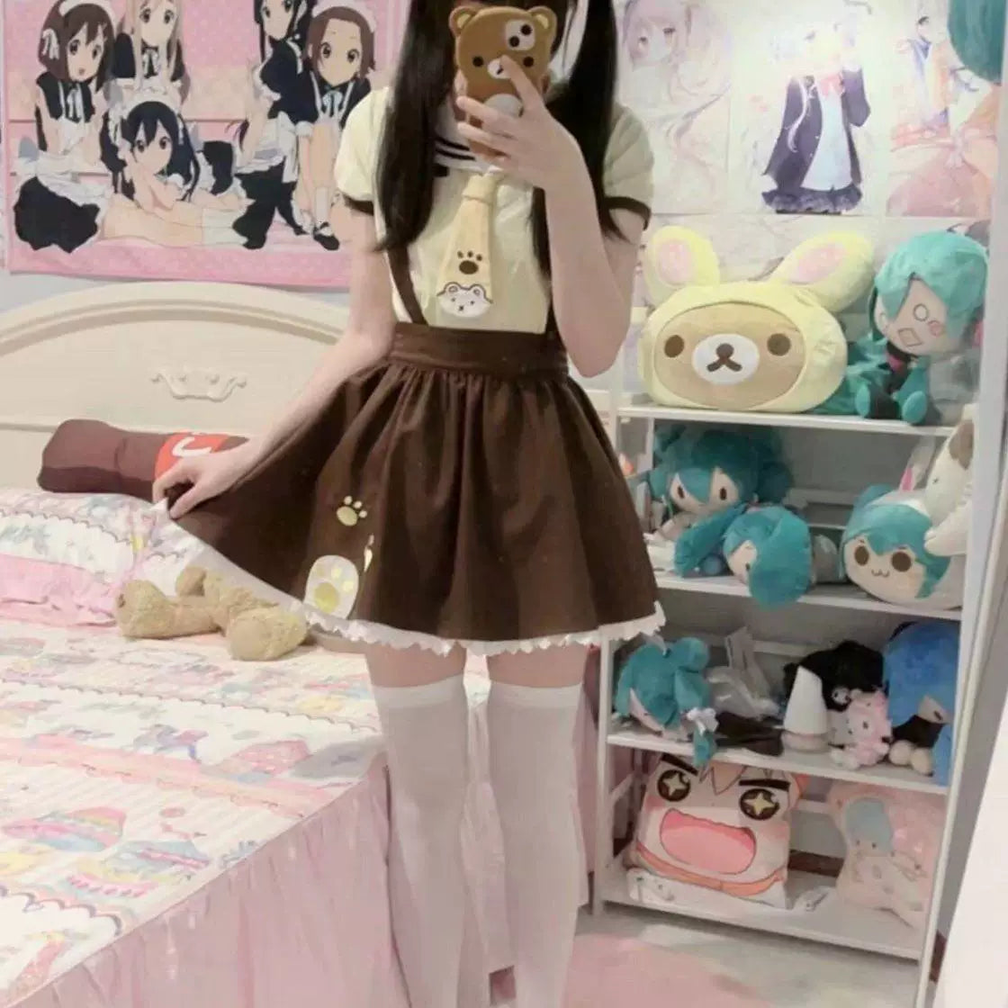Sweetheart Dream Machine - White Bear Student - JSK Set with a Yellow Sailor Top and Coffee-Brown Suspender Skirt