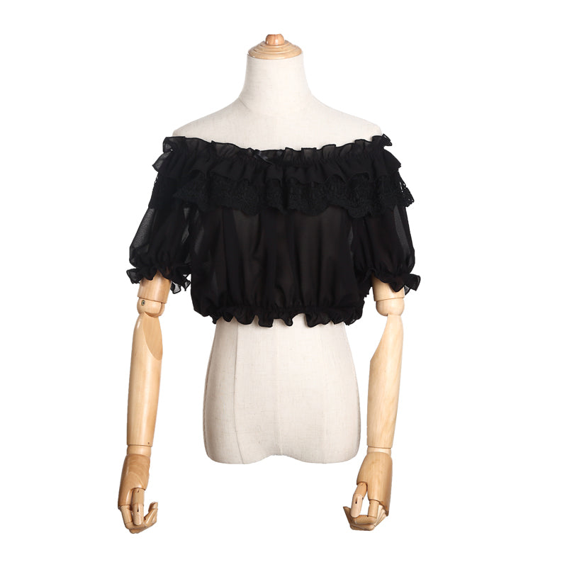 ZhiJinYuan - Open Shoulder - Open-Shoulder Blouse with Lace and Ruffle Hem - product detail 7