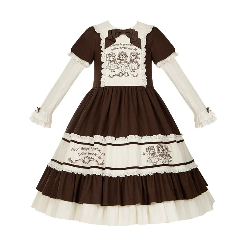 With PUJI - Sugar Frost Tale - Kawaii Lolita OP Button Closure Dress, Lamb & Bunny Embroidery Long OP + Bow Brooch S