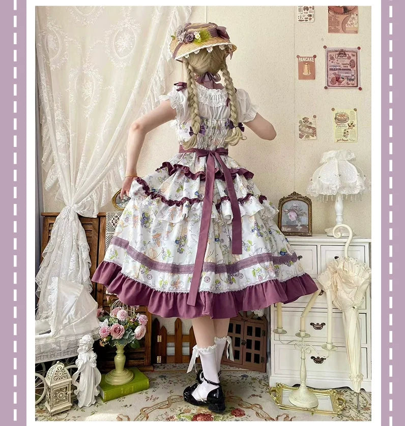 Qianmu - Blueberry Midsummer - Country Lolita Tiered JSK, Blueberry Print