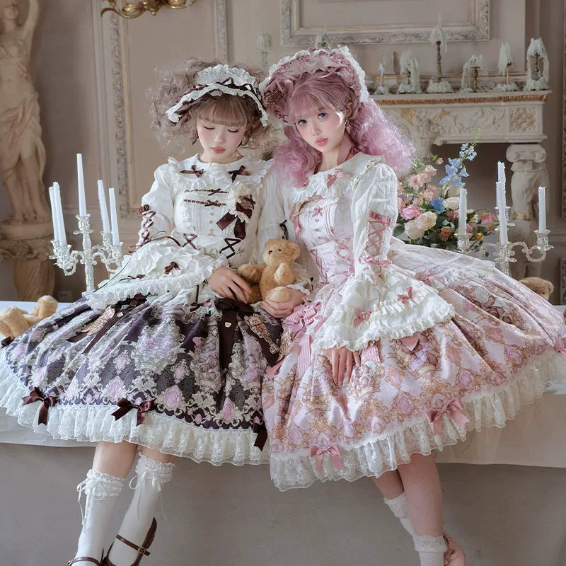OCELOT - Antique Teddy Bear - Classic Lolita Printed JSK Dress with Ribbon Bows