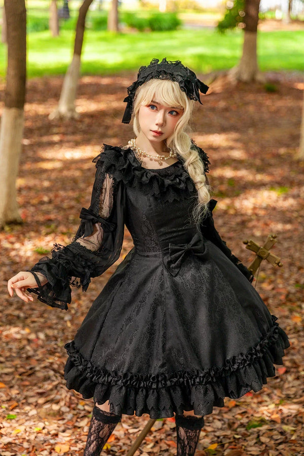 Infanta - Canon Of Floral Melody - Gothic Lolita Black JSK Dress, Jacquard Pattern