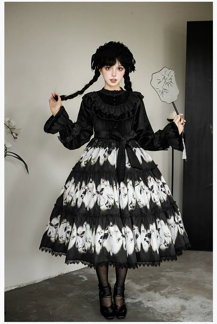 With PUJI - Dead Leaf Butterfly - Gothic Lolita JSK & OP Dress Set, Butterfly Print