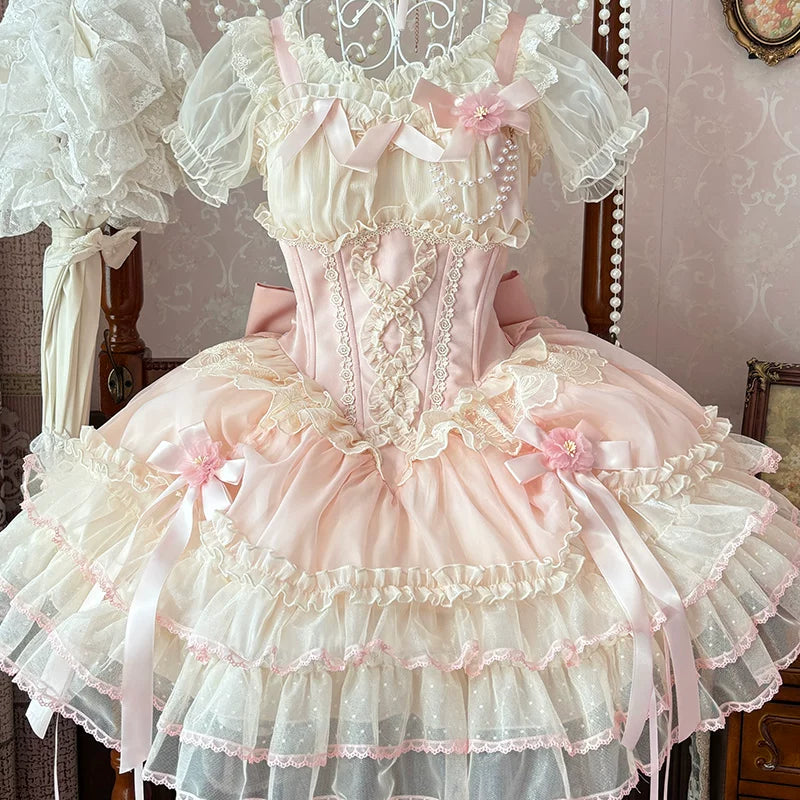 Zhijinyuan Shimmering Gift Box Ribbon JSK — Pink JSK on a mannequin
