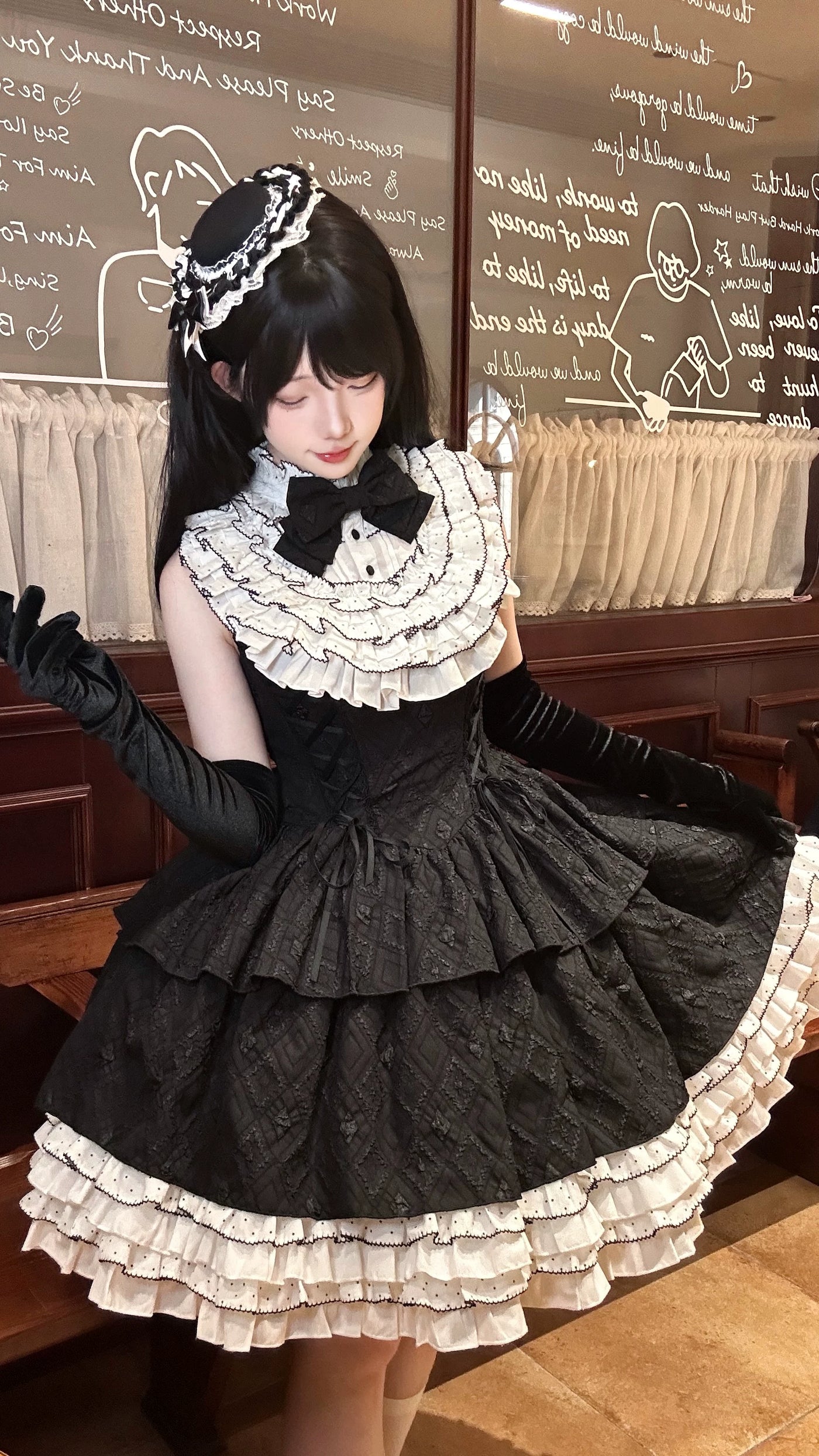 Alice - Black Heiress - Black One-Piece Dress with White Ruffle Collar