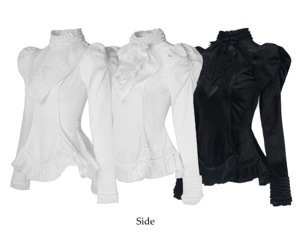 Nololita Lost Dream Gothic blouses in white and black with high frilled collars.