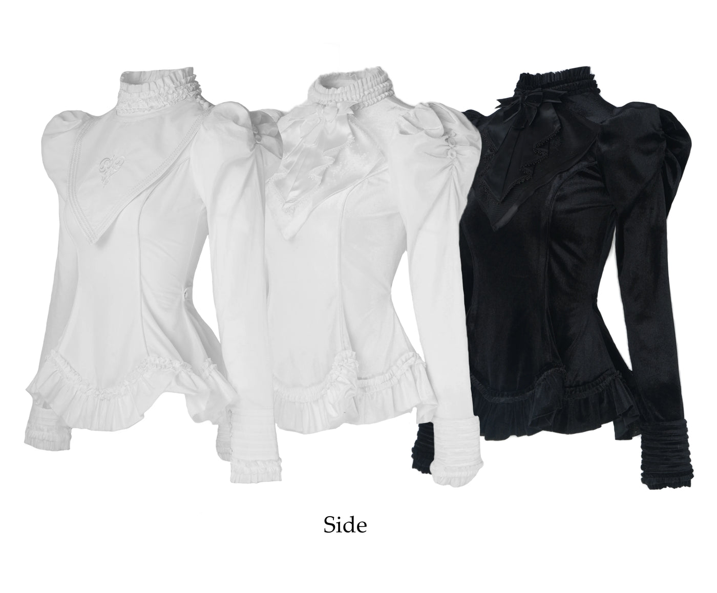 Nololita Lost Dream Gothic blouses in white and black with high frilled collars.