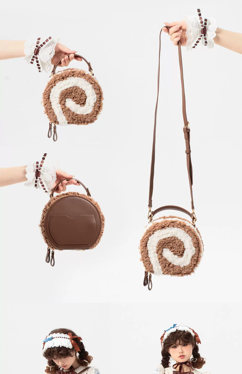LovelyLota plush round crossbody bag with spiral face and cherry charm.