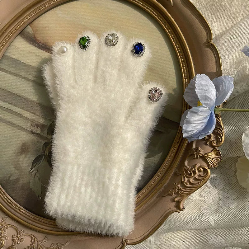 Sock Noble - Pearl & Rhinestone - Fuzzy Five-Finger Gloves with Novelty Detail Options
