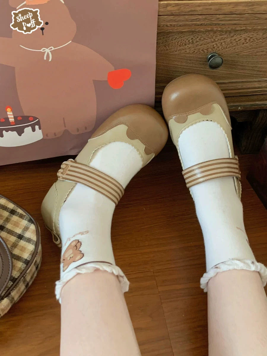 Sheep Puff low heel Lolita shoes with adorable sheep puff bear milk candy design, perfect for cute fashion styles.