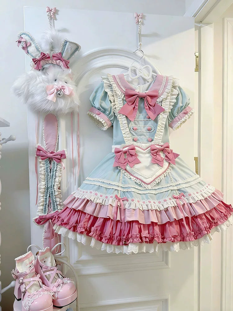 White Sugar Girl - Sweet Lolita Bunny Dress - Pastel mint and pink