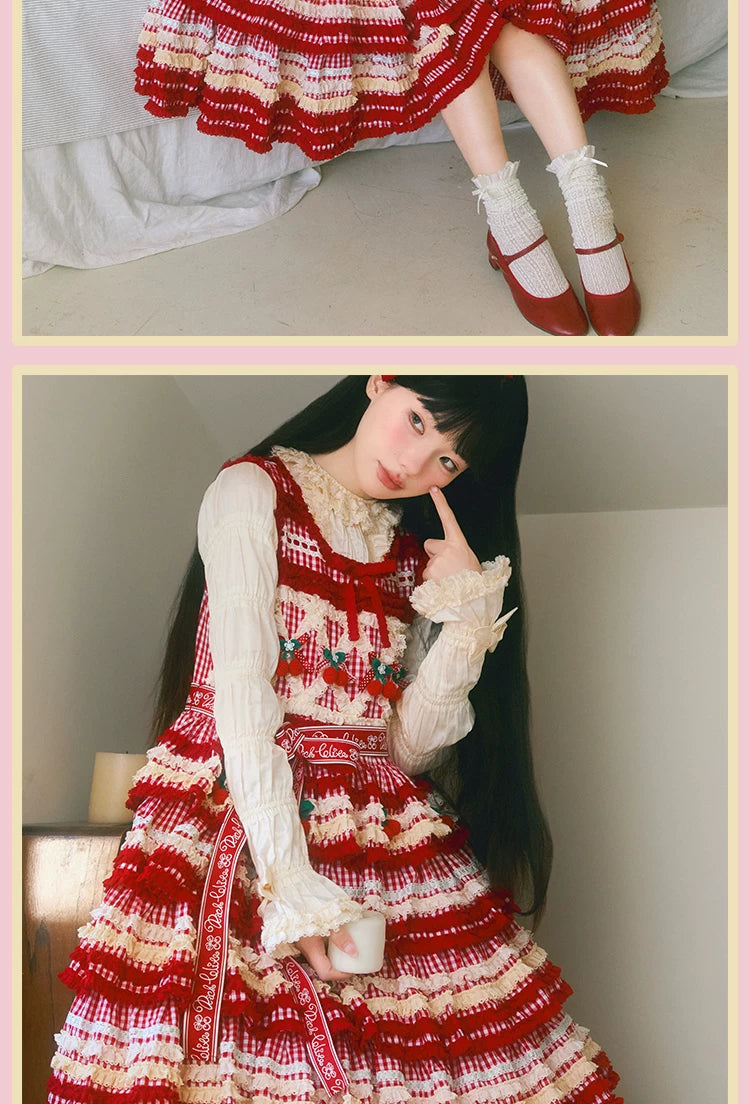RichLolita - Sugared Cherry - Red Gingham JSK and Vest Dress Collection with Cherry Appliqués