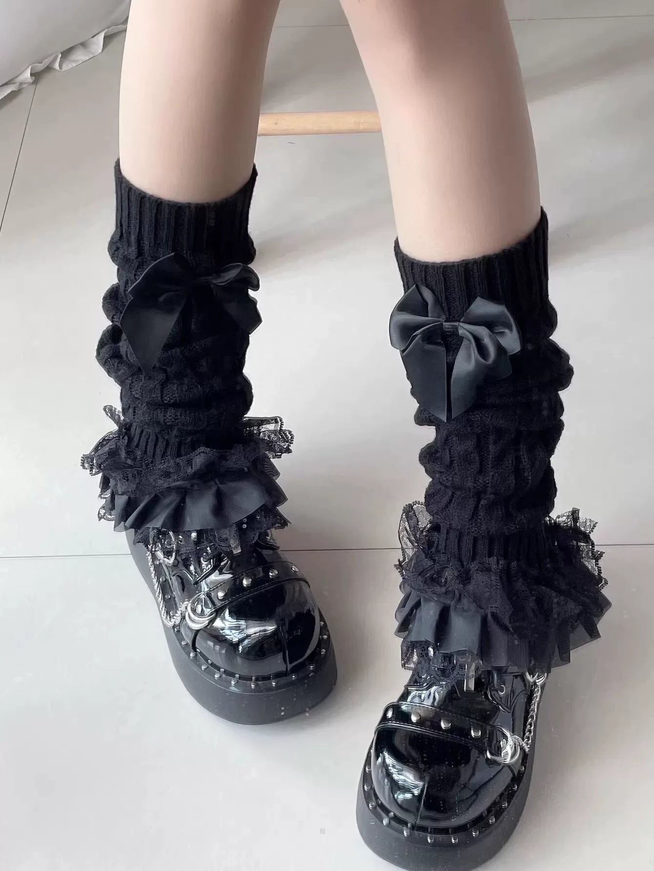 Fantasy Doll - Bowed Lace Layers - Knit Mid-Calf Leg Warmers with Lace Ruffles and Bows