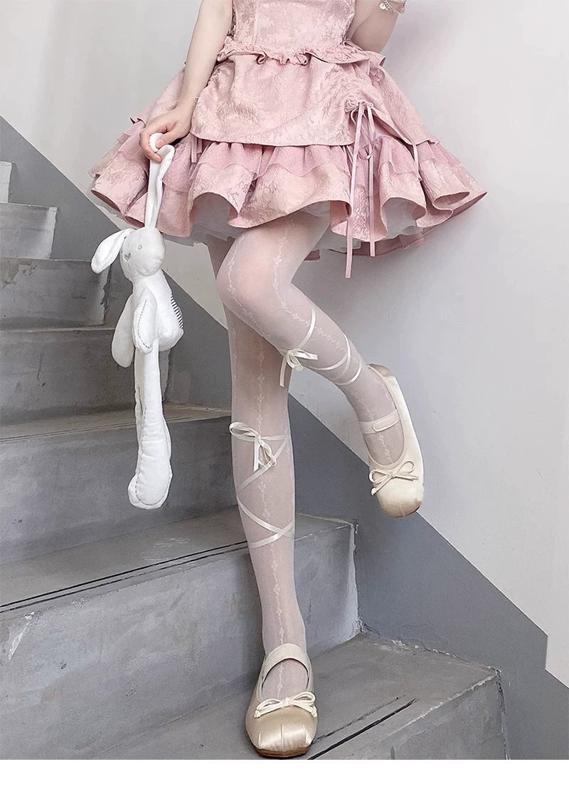 Floral Milk Cat - Ribbon Line - Lace-up tights