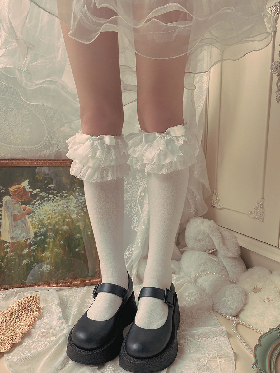 WAGUIR - Cotton Lolita Bow Socks with - Layered Lace Trim Socks