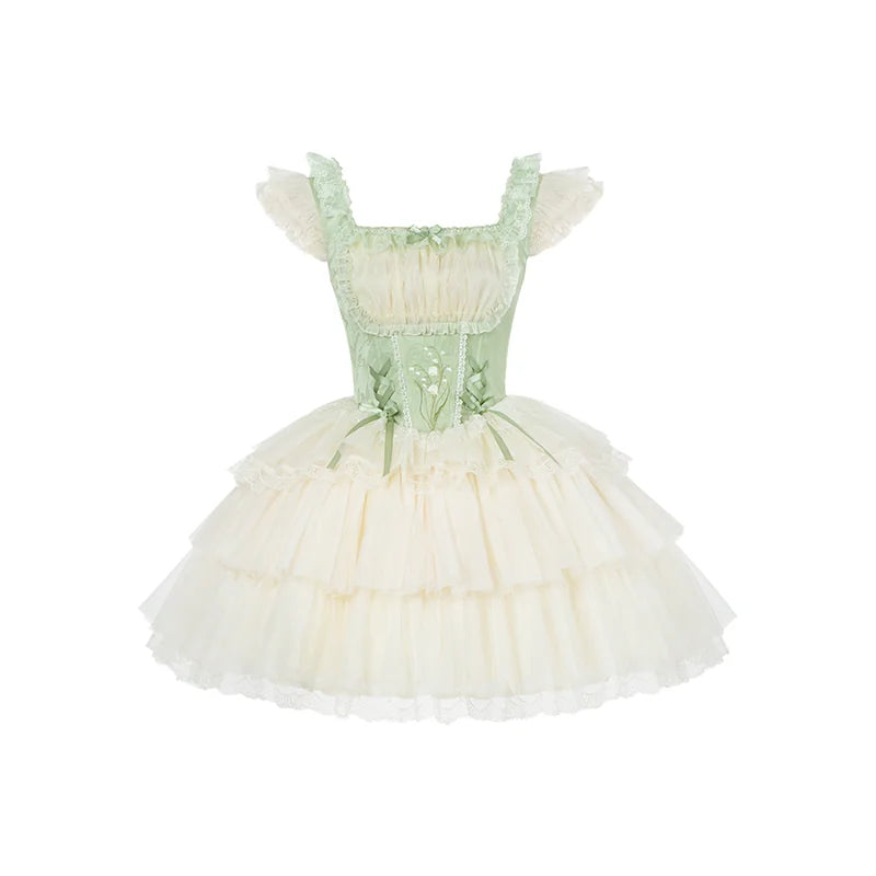 With PUJI - Lily of the Valley Whisper - Embroidered Classic Lolita Corset JSK Dress detail view 10