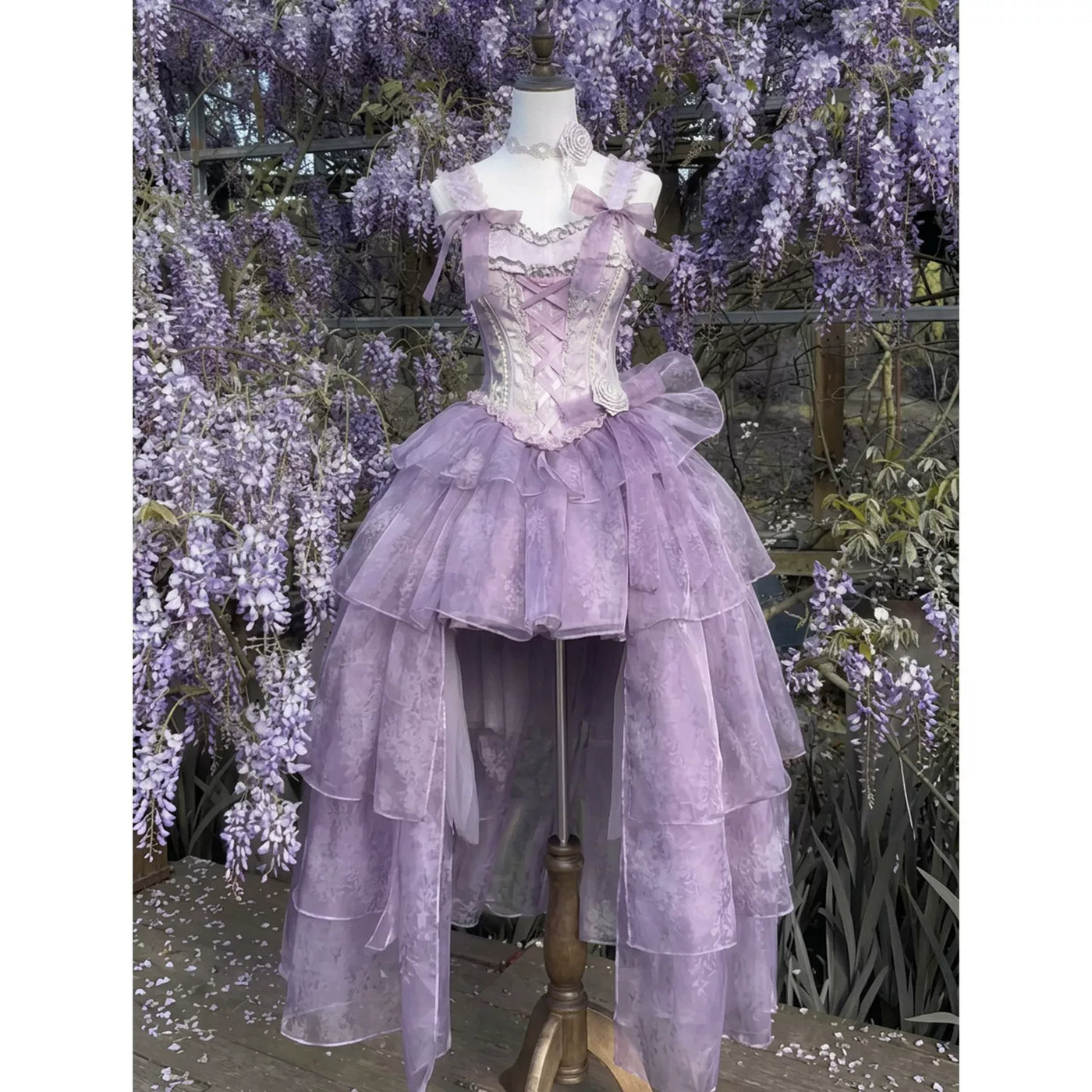 Formal Lolita Jumper Skirt with front short back long hem and sheer overlay