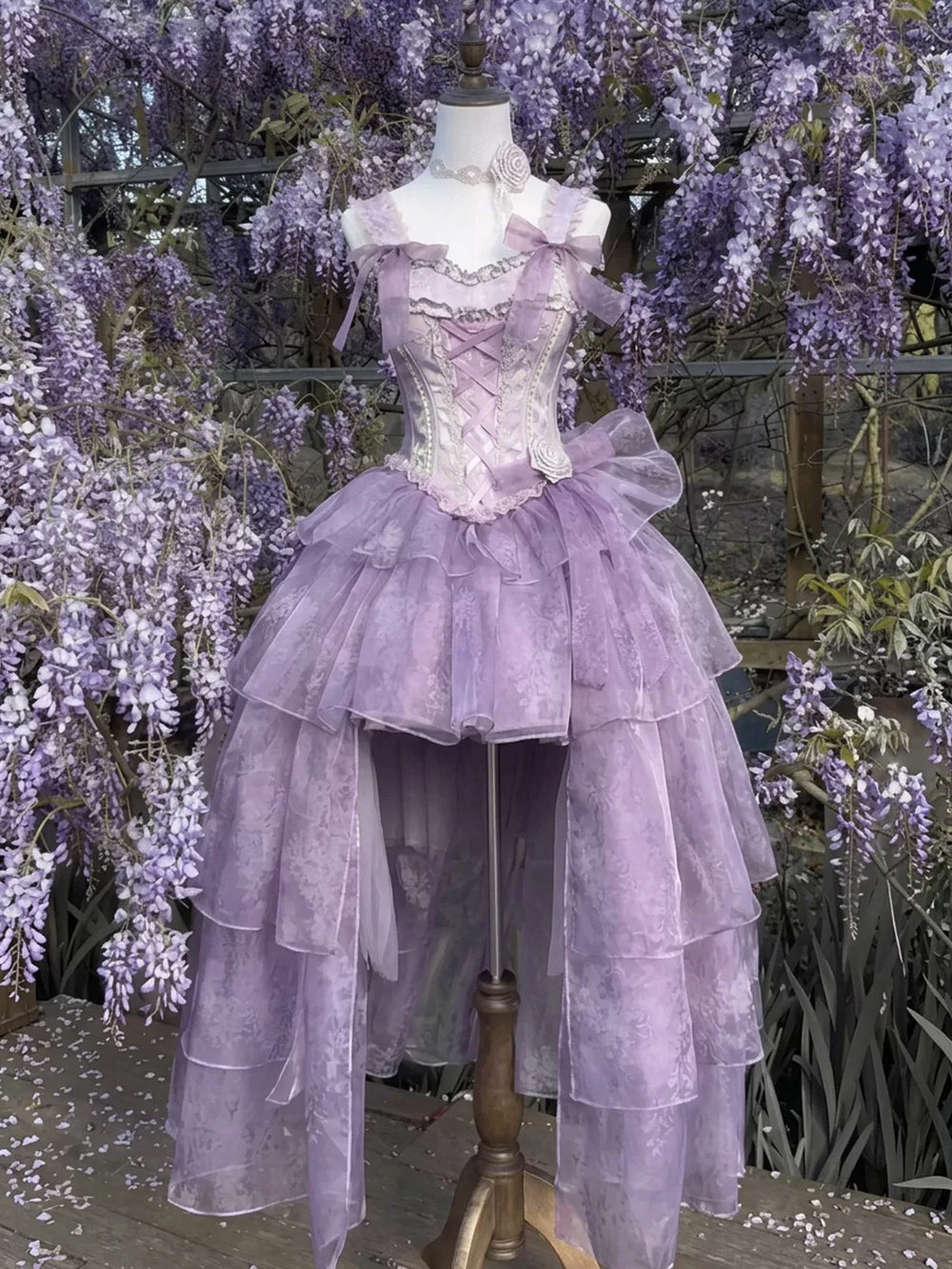 Lavender Sweet Lolita JSK with wisteria theme, corset bodice, and high-low tiered skirt