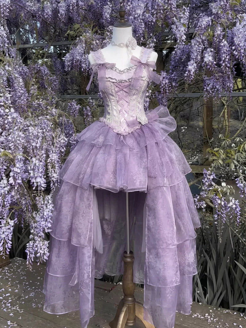 Lavender Sweet Lolita JSK with wisteria theme, corset bodice, and high-low tiered skirt