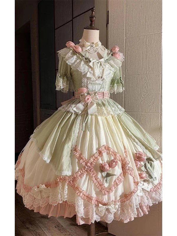 Creamy - Green-and-Pink Floral Princess - Short-Sleeve Lolita Dress with Layered Lace Trim