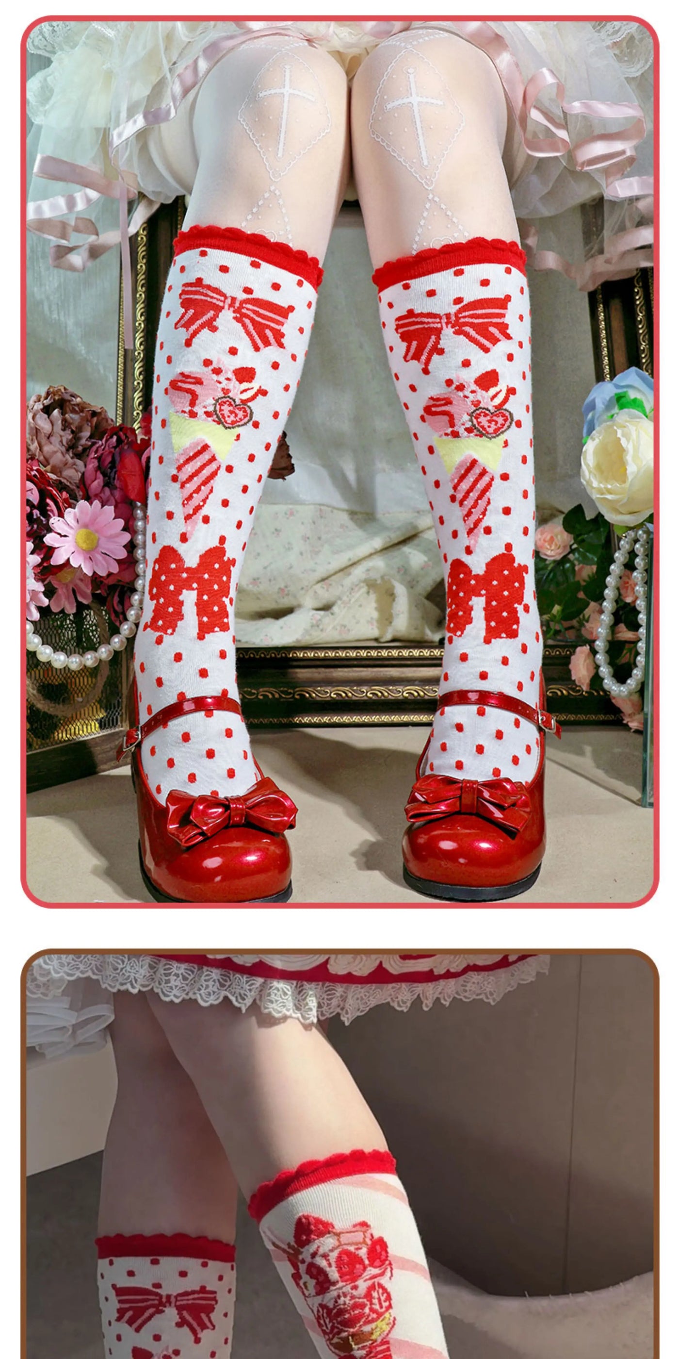 Milky Star Qiaoqiao - Strawberry Parfait Ice Cream - Mid-Calf Socks with Strawberry Bows
