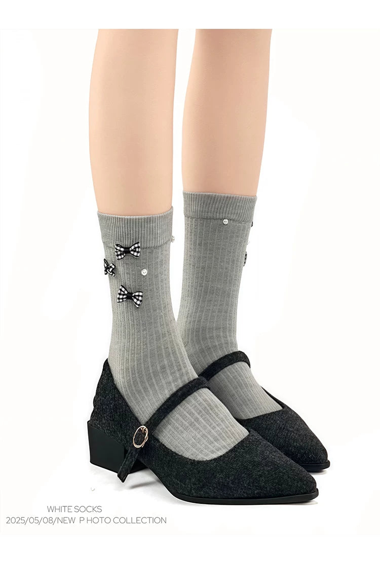 White Socks - Bow Rib - Mid-Calf Socks with Checked Bows