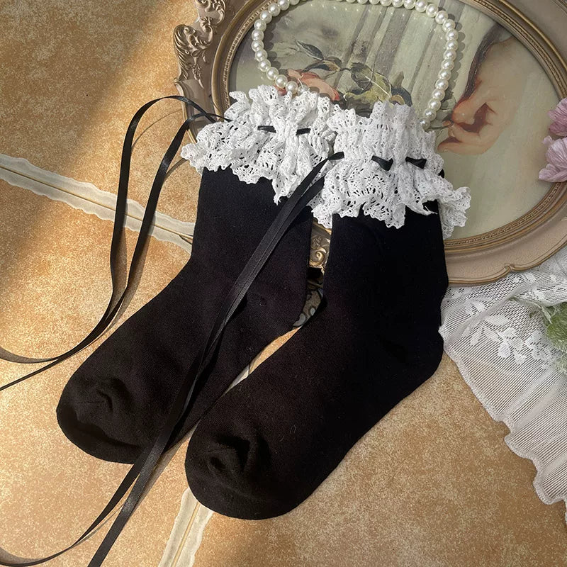 Sock Noble - Ribbon Lace - Thigh-High Socks with Ruffled Lace Cuffs