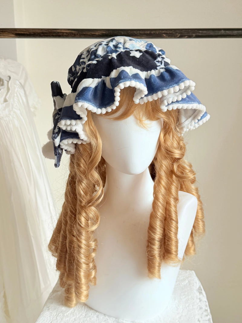 Winter Plush Lolita Headband, Bonnet & Embroidery Options — Black & Navy Bonnet - Print Placement Varies