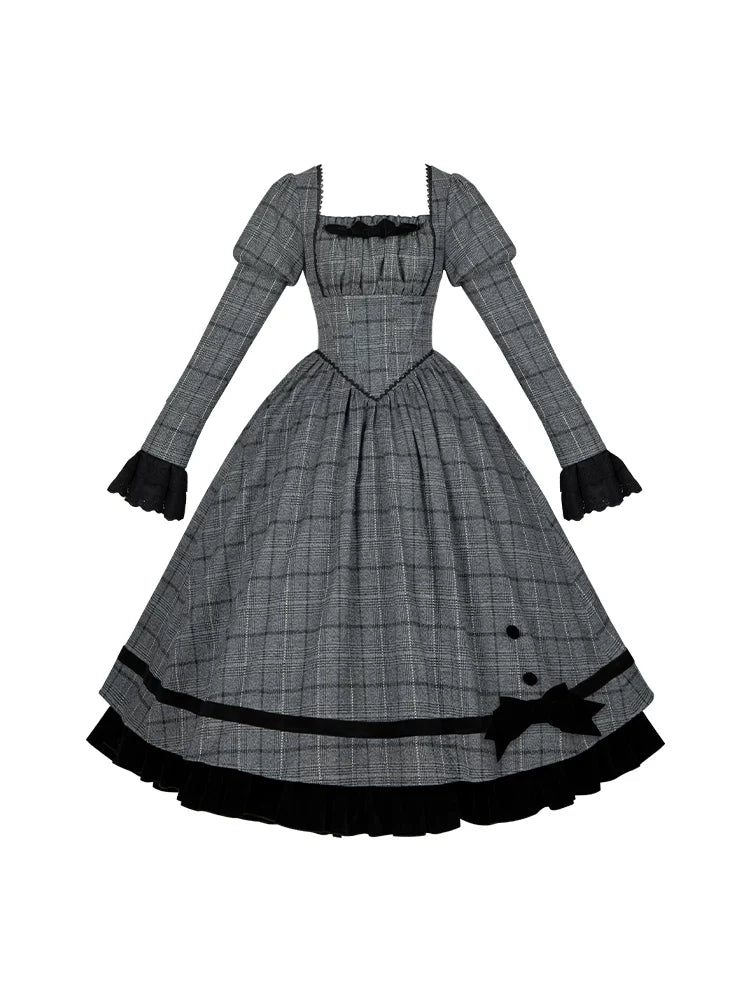 With PUJI - Yesterday's Epistle - Winter Classic Lolita Plaid Dress Set, Fishbone Waist detail view 5