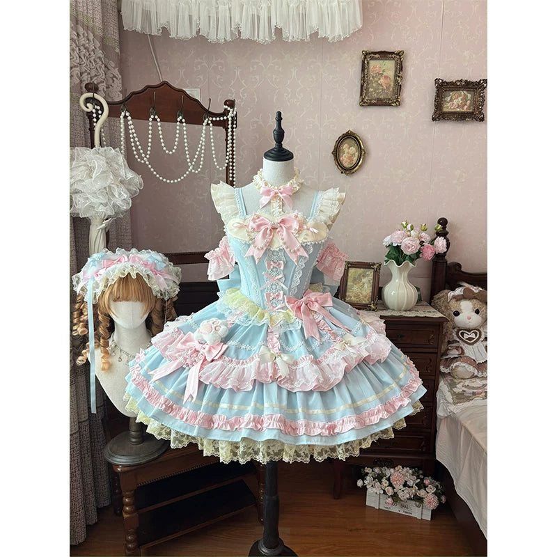 Creamy - Candy Ballet - Blue and pink JSK dress set with layered ruffles