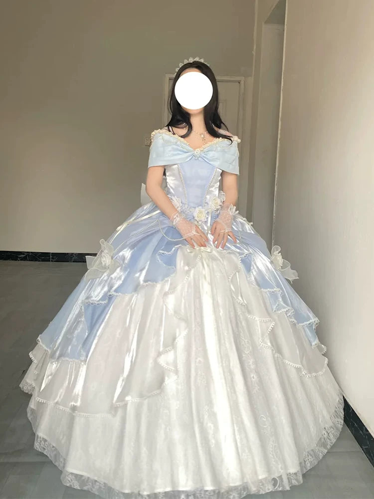 Flora Muse Rose Encounter blue lolita ball gown with matching petticoat add-on, displayed on a cream mannequin