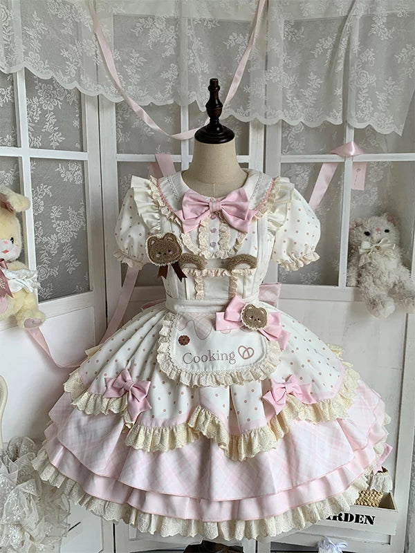 Pink and cream teddy bear apron OP dress set