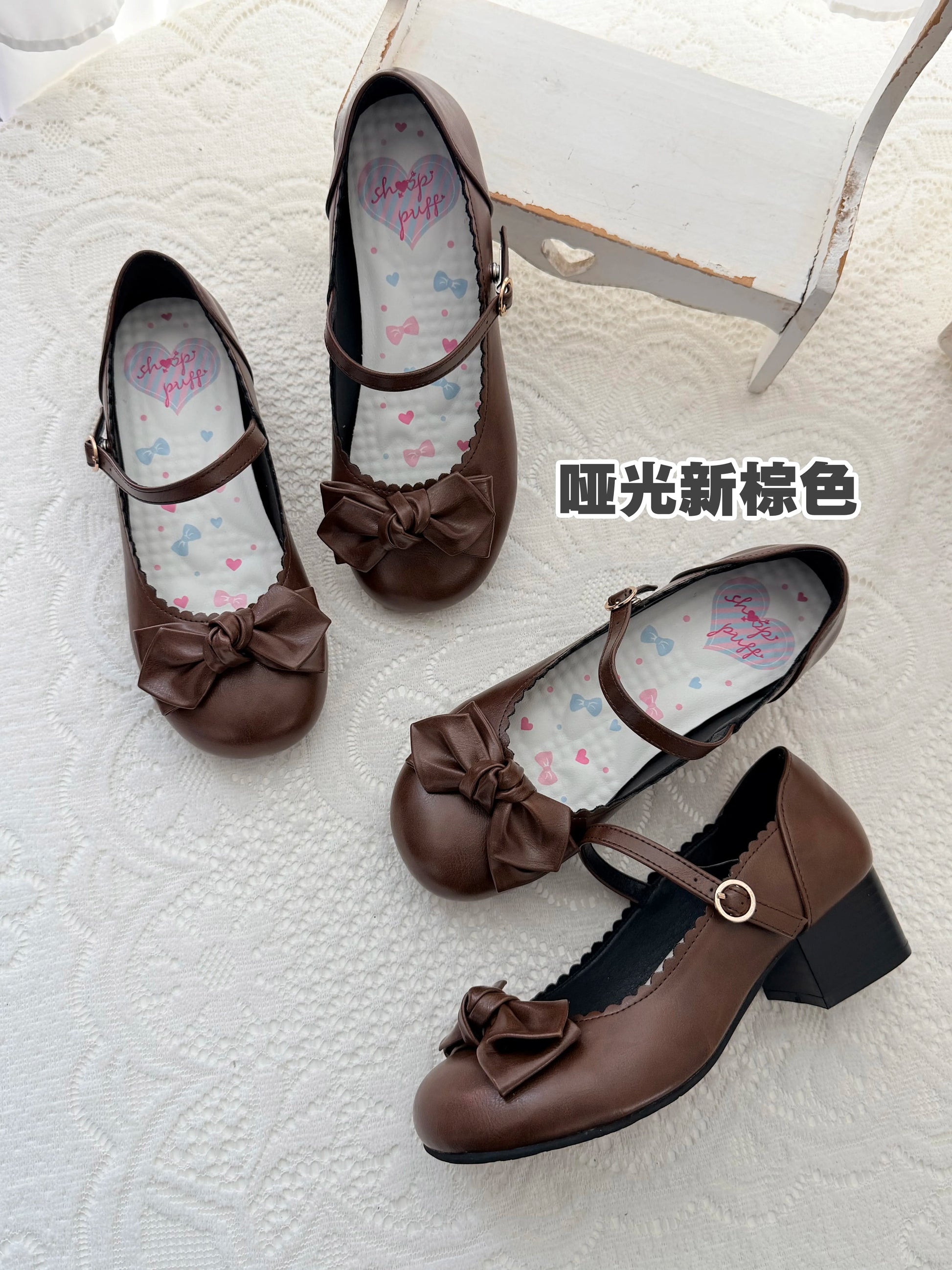 Sheep Puff Sakura Matte Lolita Shoes with rounded bow detail, soft pink finish, and classic shoe shape.