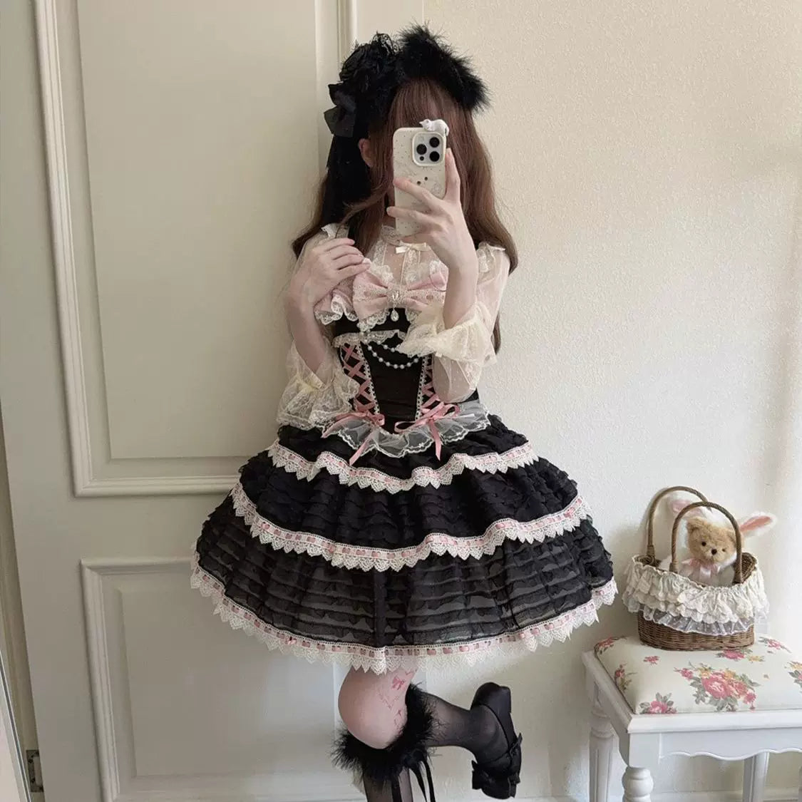 Lady Han Flower Letter JSK dress by Lolita Fetch, featuring a charming floral print and elegant design, shown on a dress form.