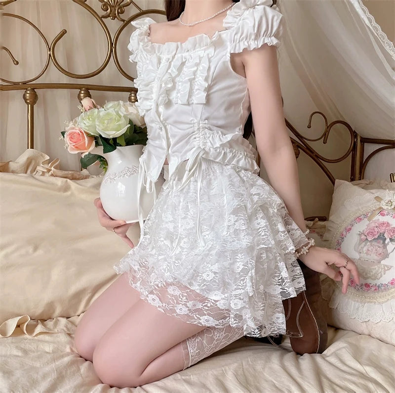 Sugar Girl - Daily Cotton Lolita Safety Shorts - White Lace Bloomers Petticoat