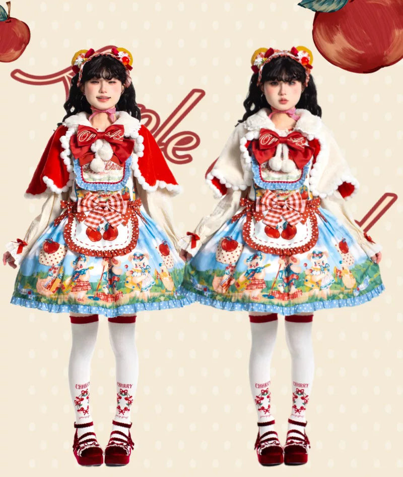 Star Fantasy red Lolita dress with apple and strawberry motifs, gingham accents and a full skirt.