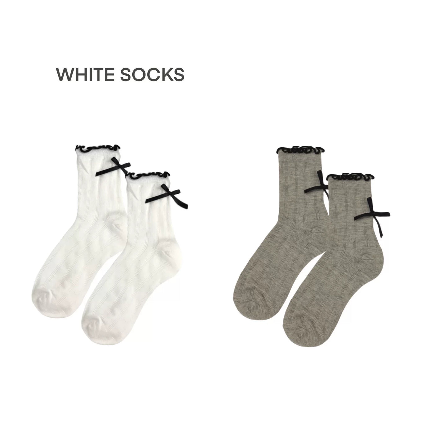 White Socks - Ballet Ribbon - Mid-Calf Socks with Lace Trim and Bow Detail