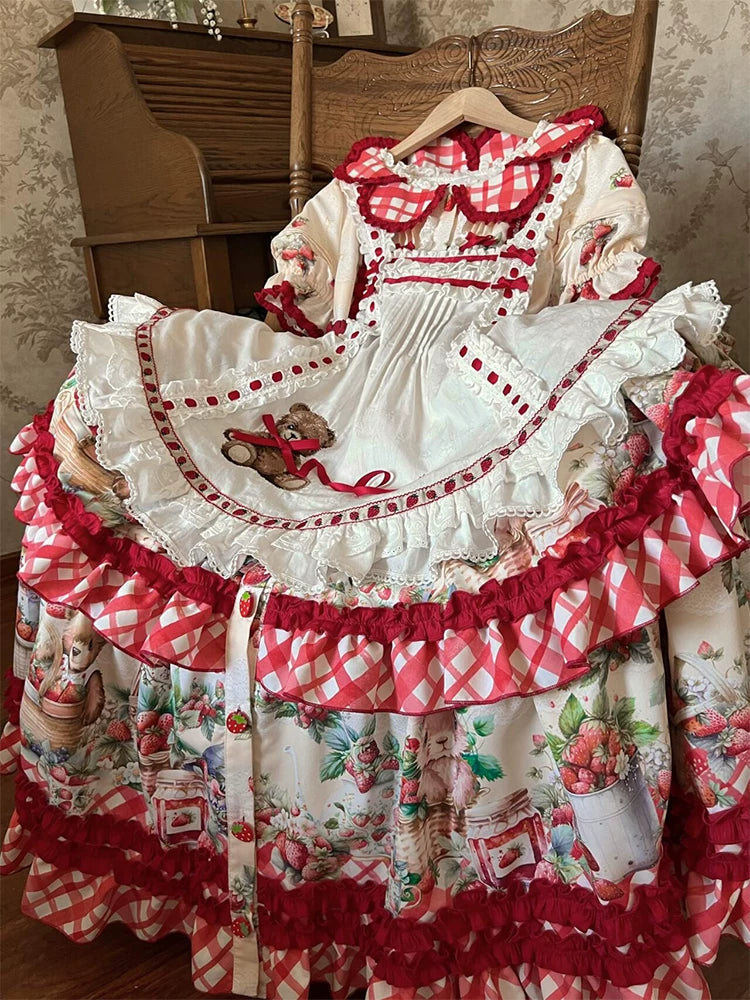 Dream Bunny - December Strawberry Field - Strawberry-Print One-Piece Dress with Red Gingham Ruffles