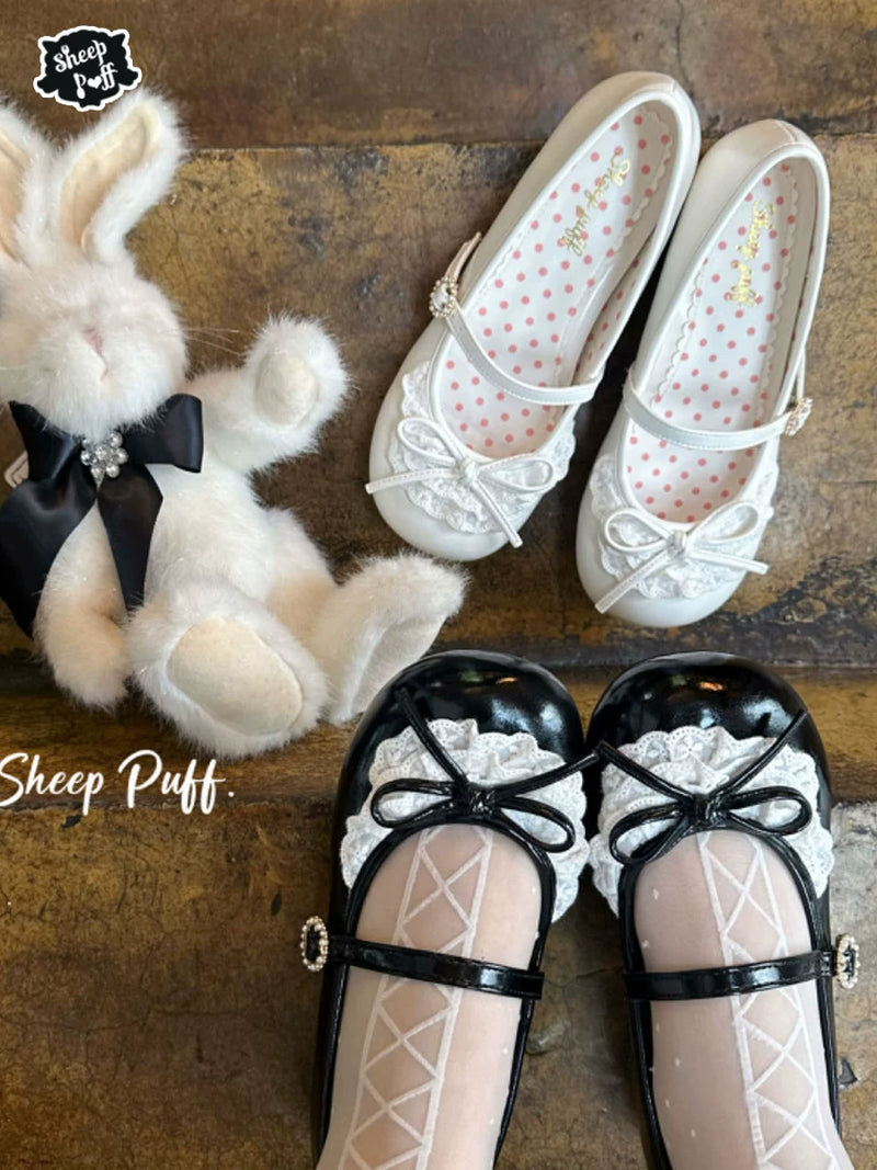 Sheep Puff Little Leila mid heel Lolita shoes with pastel pink and white design, featuring bows and decorative details.