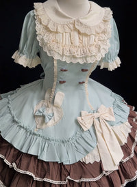Zhijinyuan - Cream Bud - Puff-Sleeve OP Dress with Lace and Bows - Mint Chocolate OP / S
