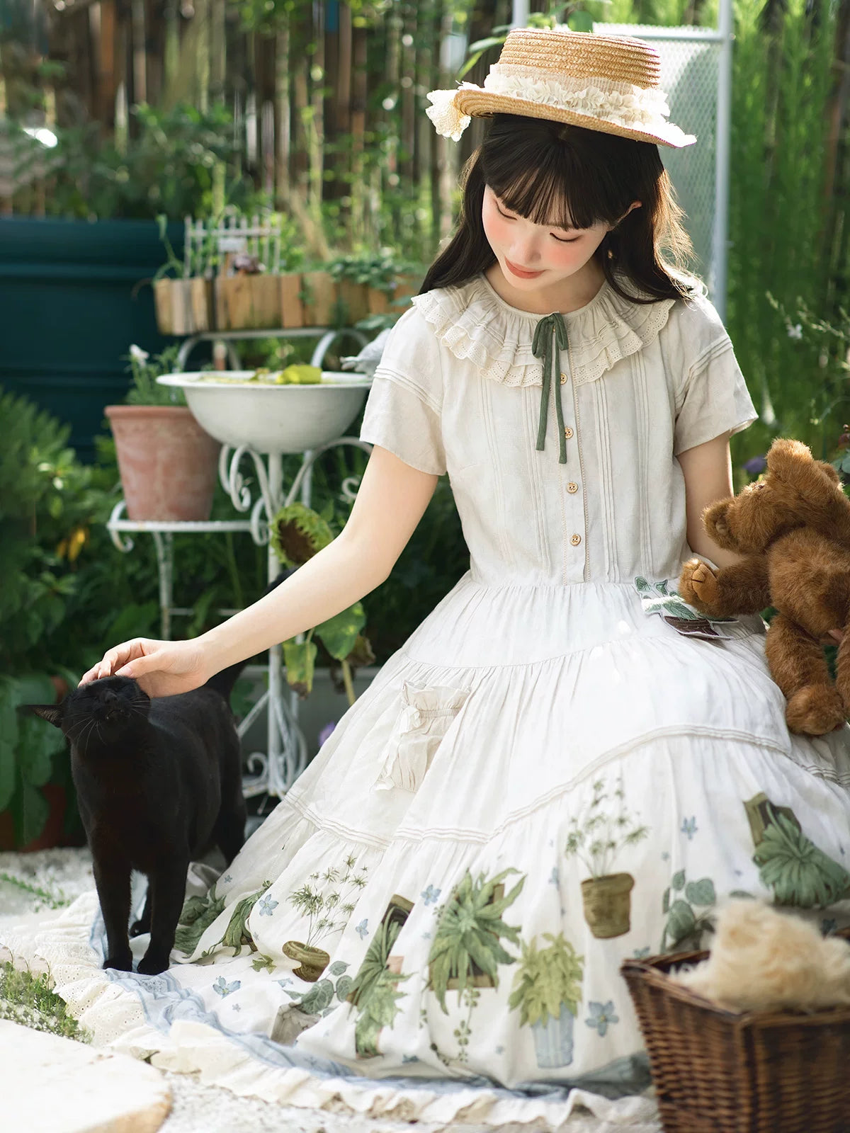 Baozi Pig - Little Potted Plant - Botanical Print One-Piece Dress and Skirt