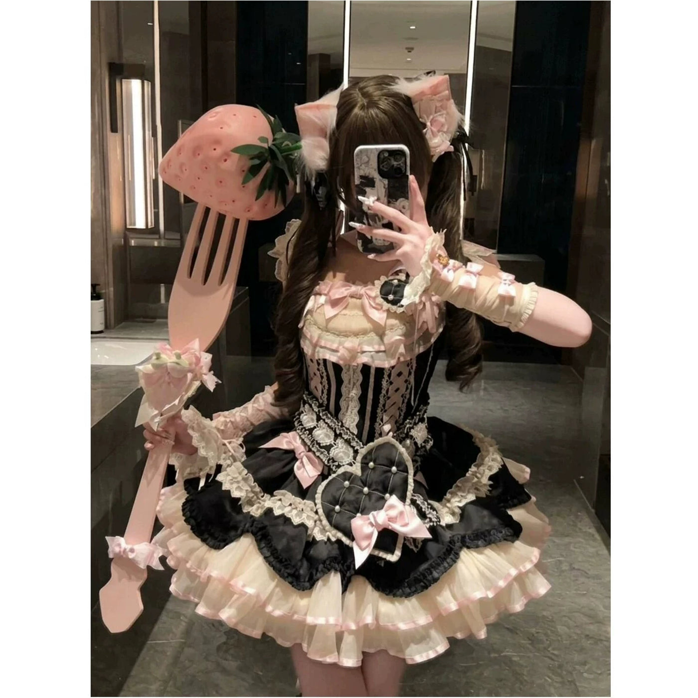 Creamy - Black Ribbon Sweetheart - Black JSK Dress with a Large Heart Detail