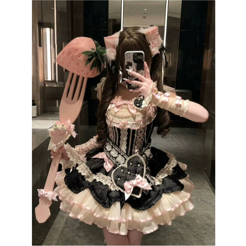 Creamy - Black Ribbon Sweetheart - Black JSK Dress with a Large Heart Detail