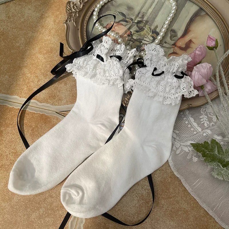 Sock Noble - Ribbon Lace - Thigh-High Socks with Ruffled Lace Cuffs