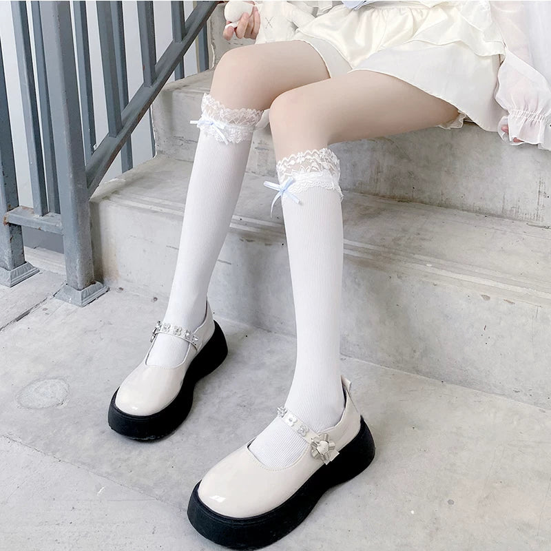 Floral Milk Cat - Ribbon Lace Cuff - Ribbed Calf Socks with Lace Cuffs and Bow Trim