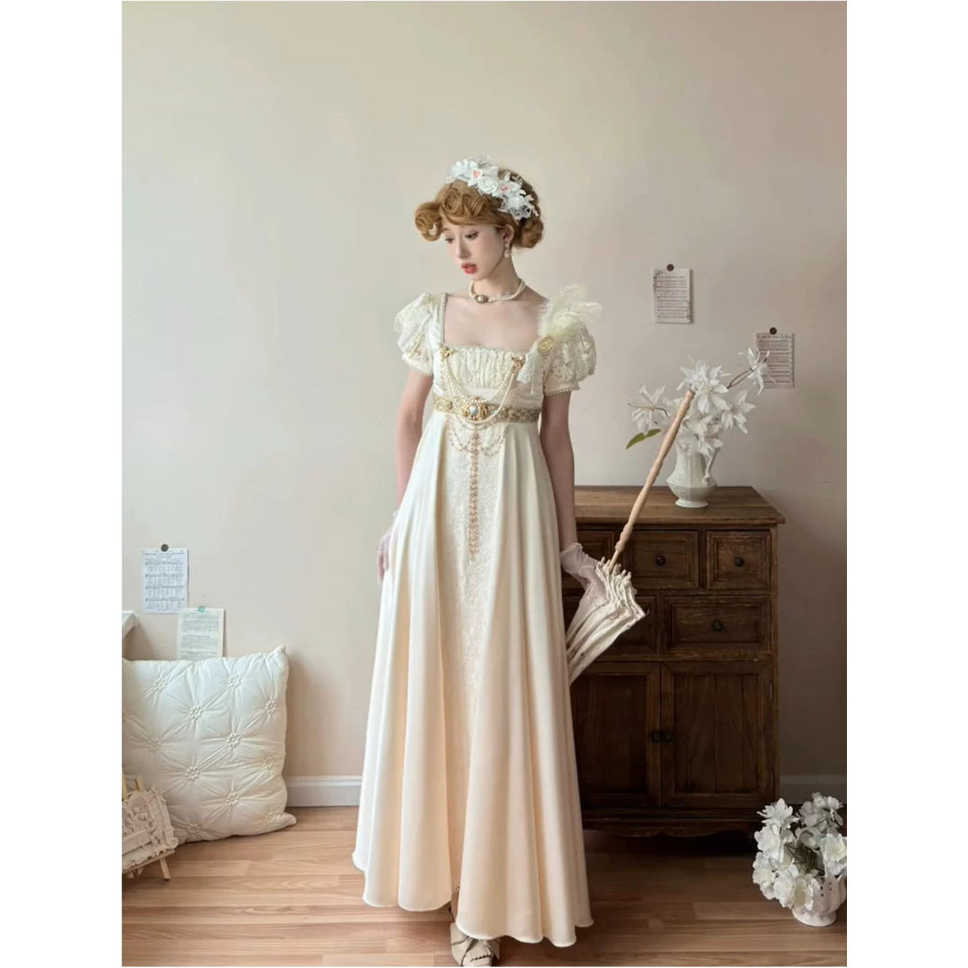 Creamy - Imperial Angel - Embossed Acetate Satin Dress and Stole Set with Puff Sleeves