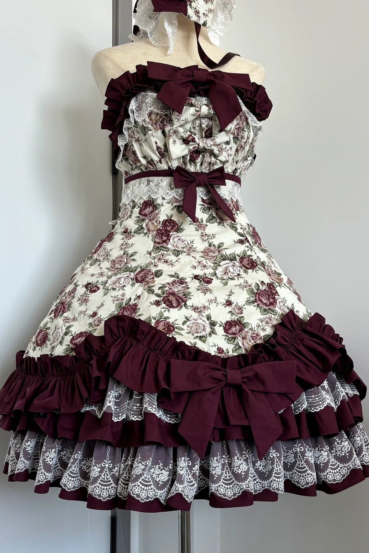 Tata Long Ear - Burgundy Roses - JSK Dress with Pale Rose Print and Tiered Ruffles