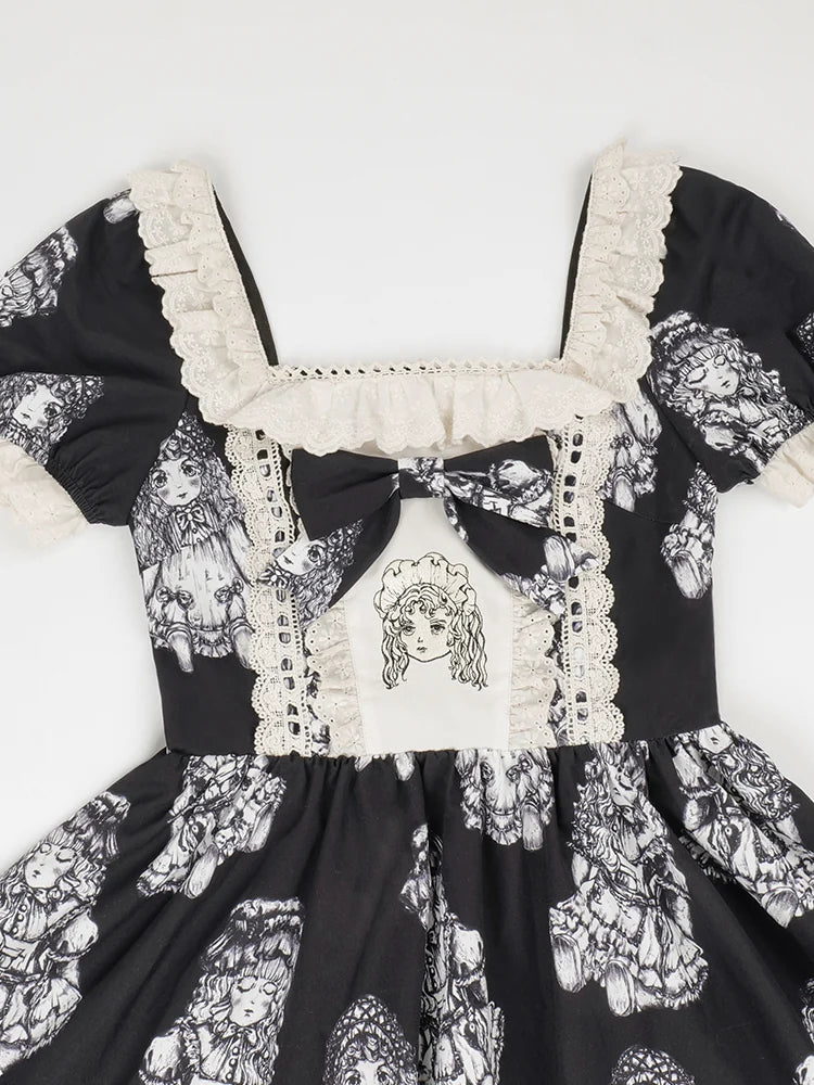 With PUJI - Doll Night - Vintage Twin Lolita OP Dress Embroidered Doll Dress detail view 4