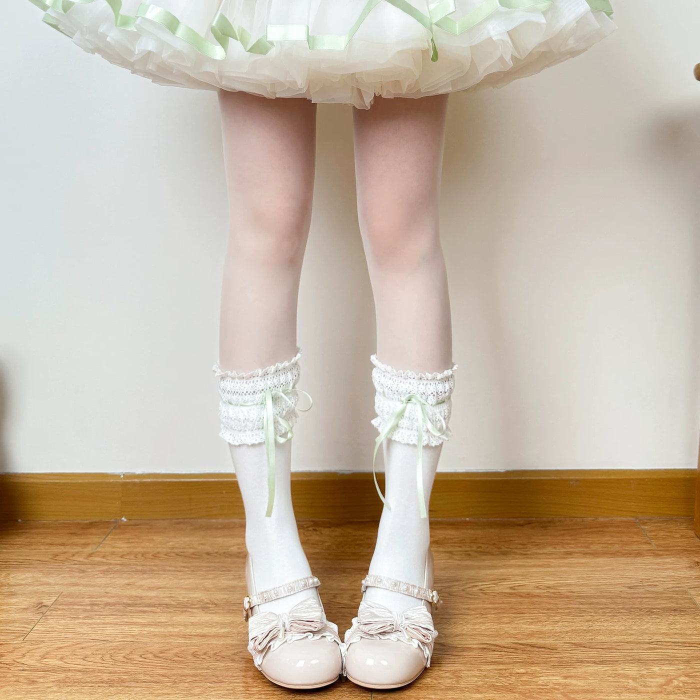 Chubby Bear Tales - Cream Ballet - Lace-Trimmed Socks with Ribbon Ties