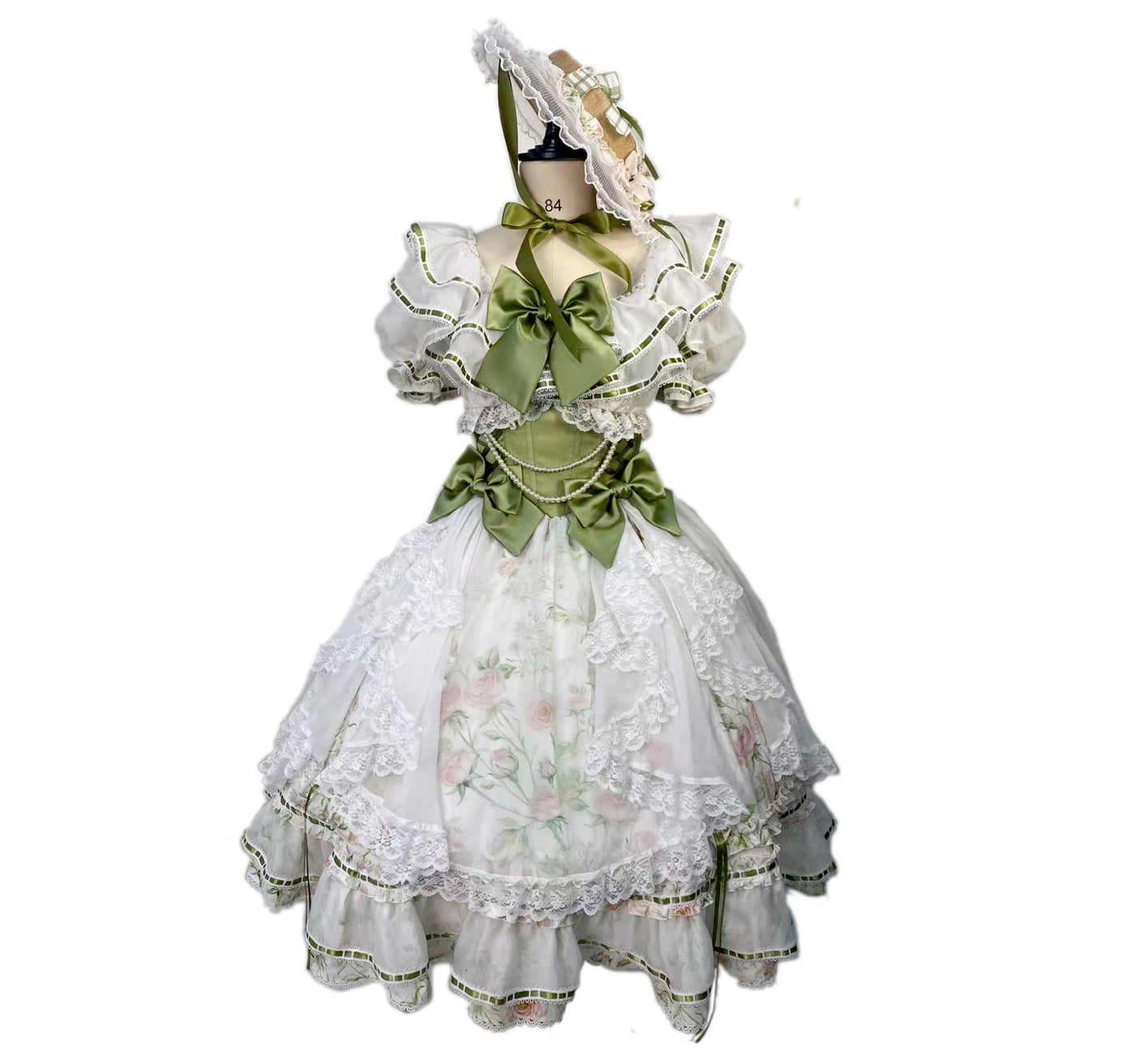 rosedecheese - Aphrodite's Spring - Green-and-White Long Skirt with Botanical Print